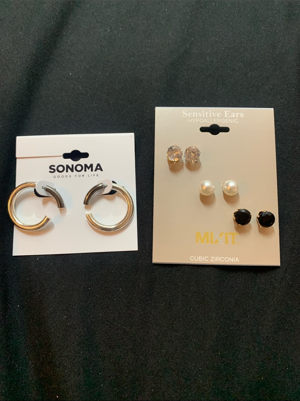 SONOMA Silver Tone Hoop Earrings + Mixed Stud Set (Black, Faux Pearl, Clear)